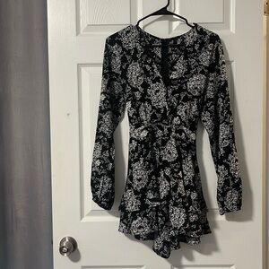 Women's Romper Floral Print V Neck Baggy Sleeve Waist Tie Layered Ruffle Hem